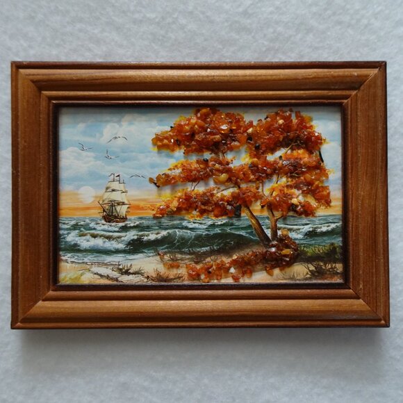 Vintage Miniature Painting Print with Baltic Amber Tree Landscape Ship Seascape - Picture 2 of 8